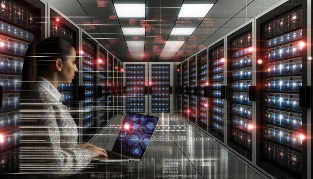 Düsterer Serverraum mit alarmierenden roten Lichtern, digitaler Sicherheitsüberlagerung, professioneller Person am Laptop und Datenströmen im Vordergrund.