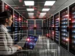 Düsterer Serverraum mit alarmierenden roten Lichtern, digitaler Sicherheitsüberlagerung, professioneller Person am Laptop und Datenströmen im Vordergrund.