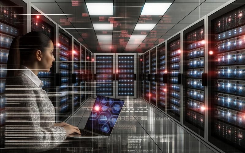 Düsterer Serverraum mit alarmierenden roten Lichtern, digitaler Sicherheitsüberlagerung, professioneller Person am Laptop und Datenströmen im Vordergrund.