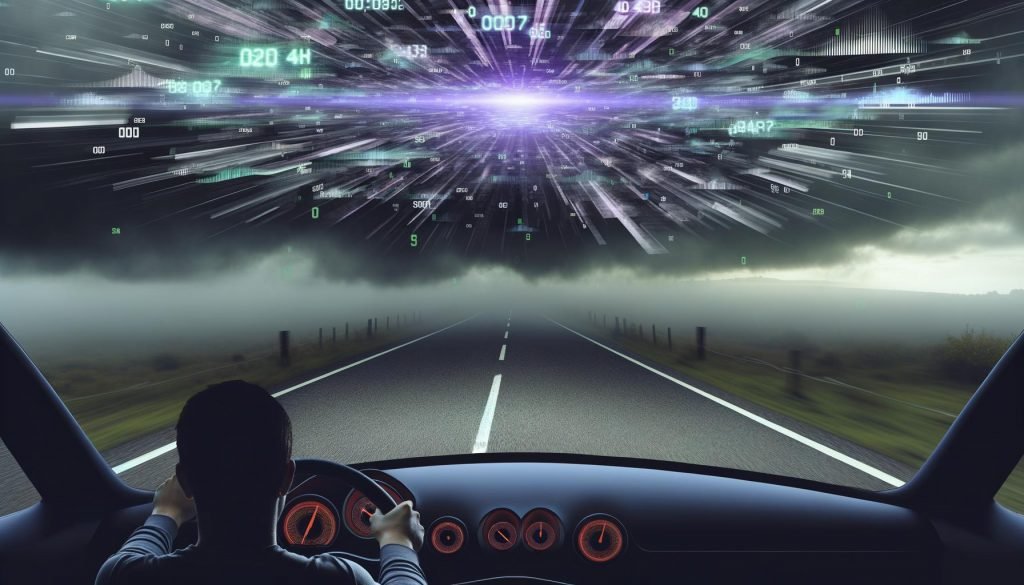 Illustration eines Fahrers im futuristischen Auto durch Nebel, mit verworrenem Cockpit und einem leuchtenden Dashboard am Himmel als Symbol für effektives Performance Tracking im Marketing.