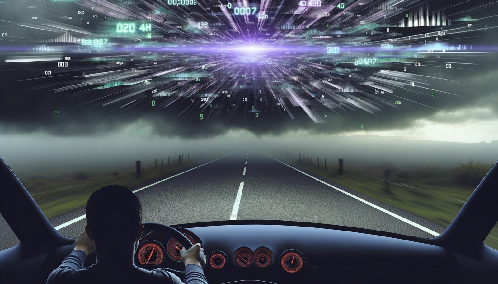 Illustration eines Fahrers im futuristischen Auto durch Nebel, mit verworrenem Cockpit und einem leuchtenden Dashboard am Himmel als Symbol für effektives Performance Tracking im Marketing.