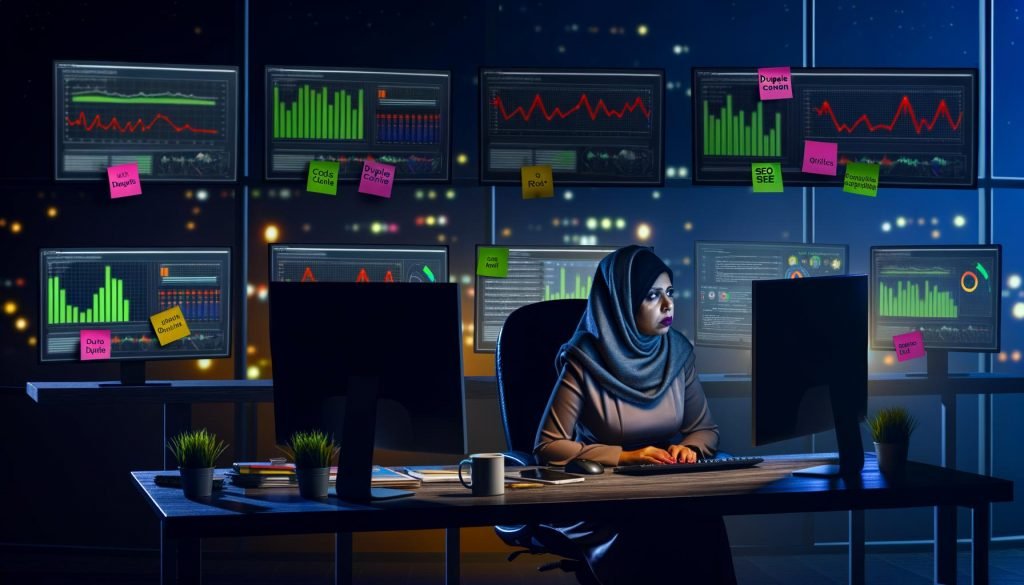 Unternehmer arbeitet nachts im modernen Büro konzentriert an SEO-Analysen mit mehreren Monitoren voller Daten, Diagramme, Fehler und Ampelsignale