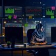 Unternehmer arbeitet nachts im modernen Büro konzentriert an SEO-Analysen mit mehreren Monitoren voller Daten, Diagramme, Fehler und Ampelsignale