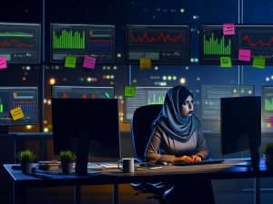 Unternehmer arbeitet nachts im modernen Büro konzentriert an SEO-Analysen mit mehreren Monitoren voller Daten, Diagramme, Fehler und Ampelsignale