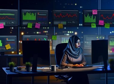 Unternehmer arbeitet nachts im modernen Büro konzentriert an SEO-Analysen mit mehreren Monitoren voller Daten, Diagramme, Fehler und Ampelsignale
