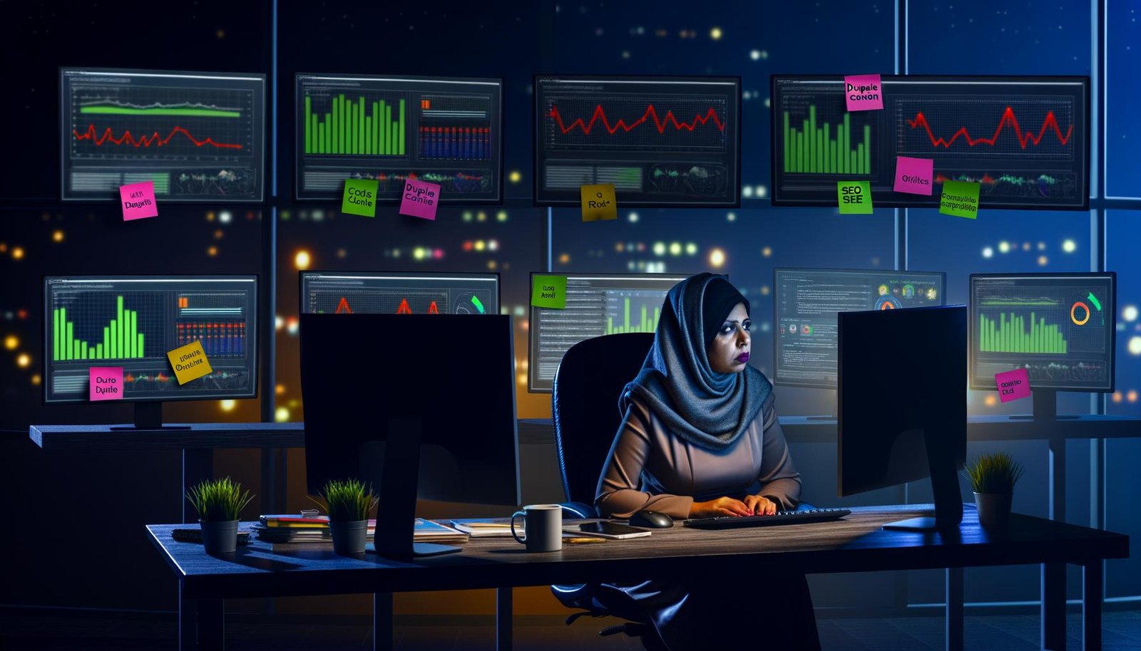 Unternehmer arbeitet nachts im modernen Büro konzentriert an SEO-Analysen mit mehreren Monitoren voller Daten, Diagramme, Fehler und Ampelsignale