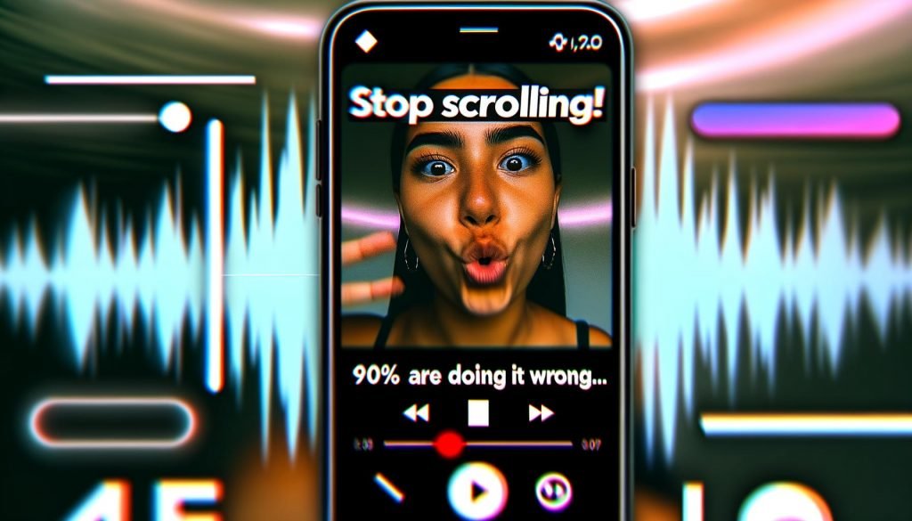 Smartphone-Video einer jungen Creatorin im Hochformat mit weißem Text-Overlay und grafischen Effekten, die einen viralen Social Media-Einstieg zeigen.