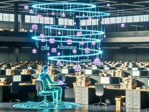 Offenes Büro mit überfordertem Mitarbeiter, Papierstapeln und Monitoren. Automatisierungstools und KI übernehmen und organisieren die digitale Arbeitsumgebung in Echtzeit.