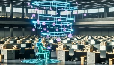 Offenes Büro mit überfordertem Mitarbeiter, Papierstapeln und Monitoren. Automatisierungstools und KI übernehmen und organisieren die digitale Arbeitsumgebung in Echtzeit.