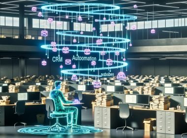 Offenes Büro mit überfordertem Mitarbeiter, Papierstapeln und Monitoren. Automatisierungstools und KI übernehmen und organisieren die digitale Arbeitsumgebung in Echtzeit.