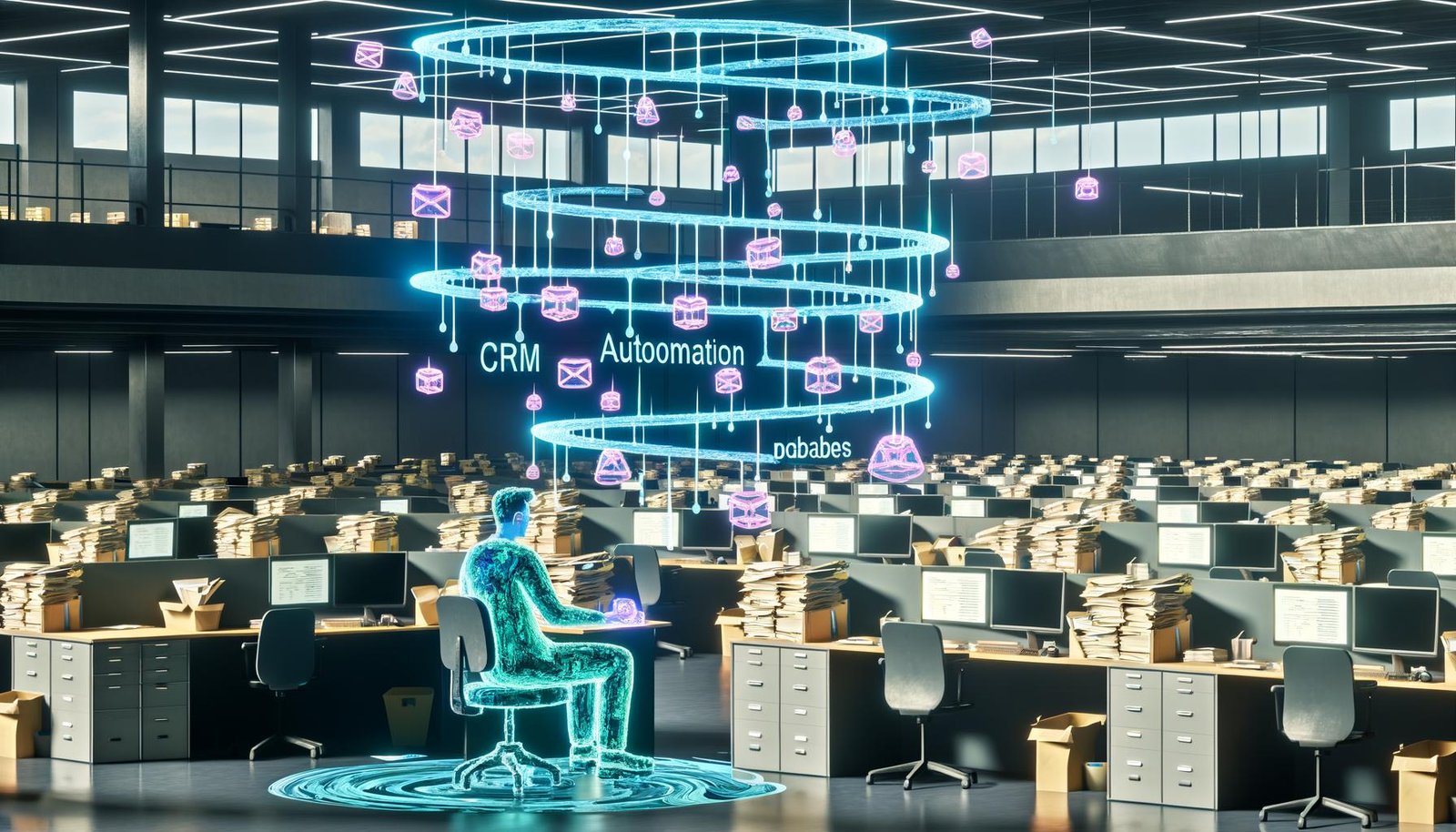 Offenes Büro mit überfordertem Mitarbeiter, Papierstapeln und Monitoren. Automatisierungstools und KI übernehmen und organisieren die digitale Arbeitsumgebung in Echtzeit.