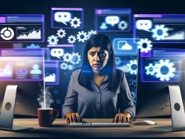 Junge Frau im Büro analysiert spätabends Marketingdaten auf großen Monitoren mit Analytics-Dashboards, E-Mail-Benachrichtigungen und bunten Marketing-Icons im Hintergrund.