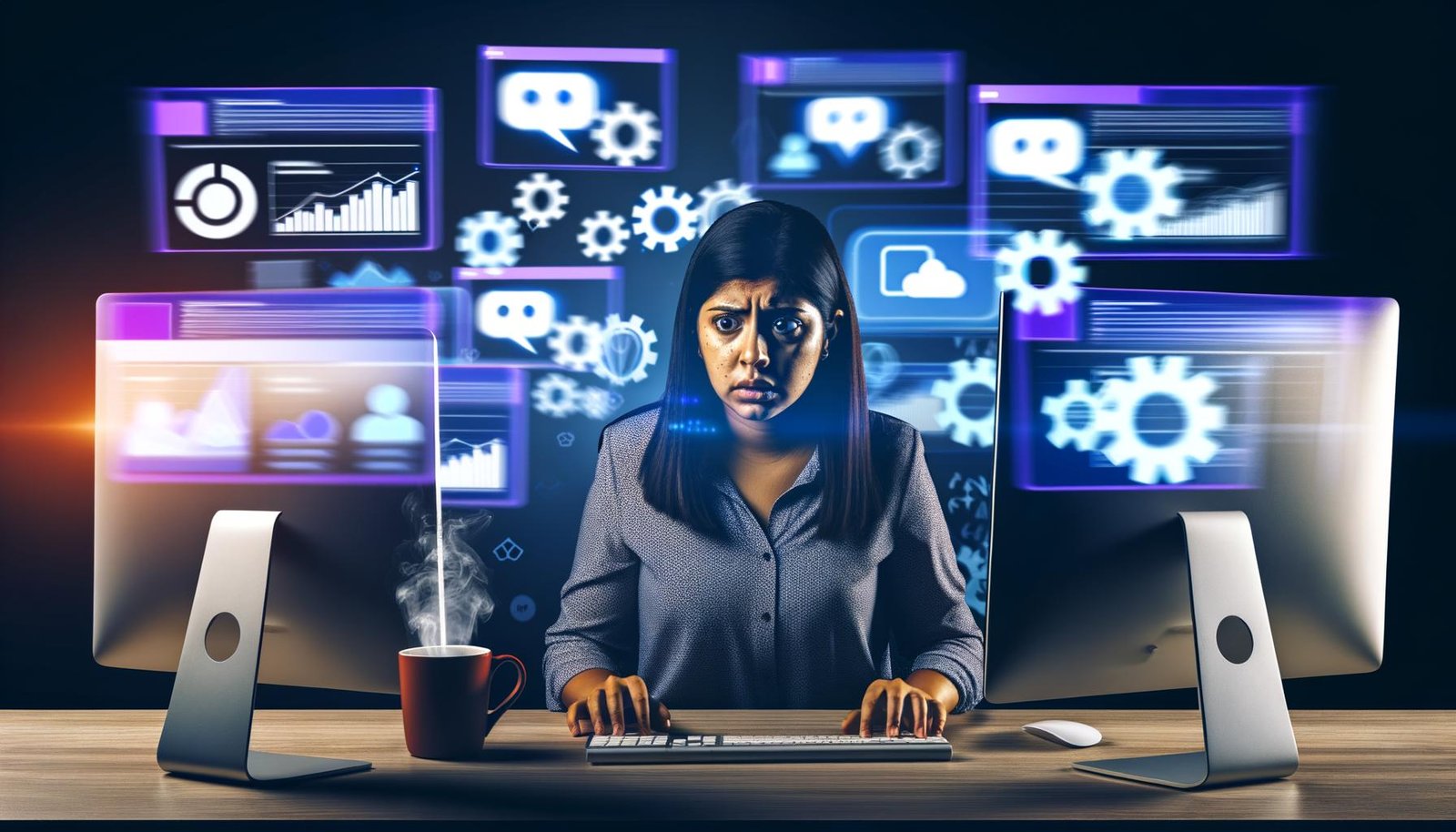Junge Frau im Büro analysiert spätabends Marketingdaten auf großen Monitoren mit Analytics-Dashboards, E-Mail-Benachrichtigungen und bunten Marketing-Icons im Hintergrund.