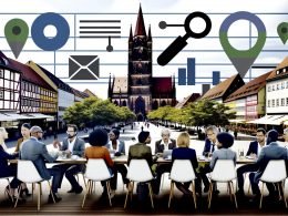 Geschäftsleute diskutieren im Straßencafé vor dem Nürnberger Hauptmarkt und der Frauenkirche, digitale SEO-Icons sind in die urbane Szene eingebettet.