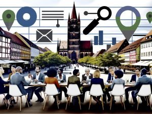 Geschäftsleute diskutieren im Straßencafé vor dem Nürnberger Hauptmarkt und der Frauenkirche, digitale SEO-Icons sind in die urbane Szene eingebettet.
