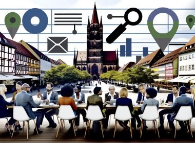 Geschäftsleute diskutieren im Straßencafé vor dem Nürnberger Hauptmarkt und der Frauenkirche, digitale SEO-Icons sind in die urbane Szene eingebettet.