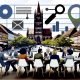 Geschäftsleute diskutieren im Straßencafé vor dem Nürnberger Hauptmarkt und der Frauenkirche, digitale SEO-Icons sind in die urbane Szene eingebettet.