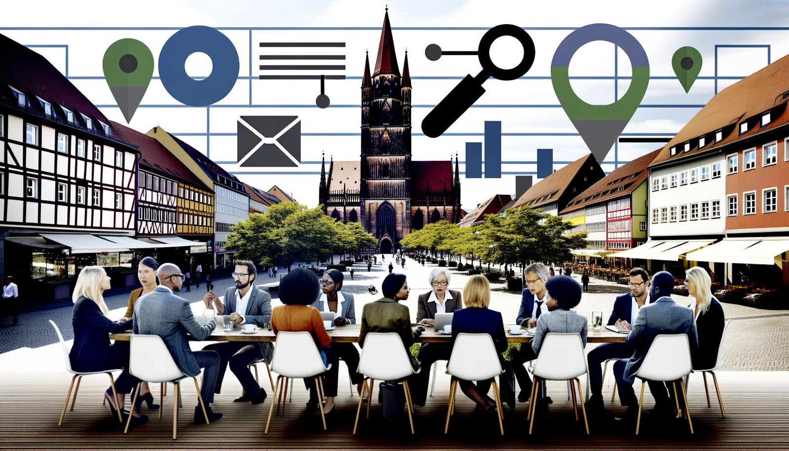Geschäftsleute diskutieren im Straßencafé vor dem Nürnberger Hauptmarkt und der Frauenkirche, digitale SEO-Icons sind in die urbane Szene eingebettet.