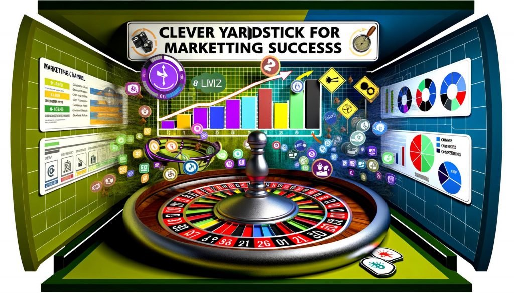 Metaphorisches Casino mit Marketingkanälen am Roulettetisch, stilisierte Customer Journey, Dashboard mit Tracking-Tools, Gegenüberstellung von wichtigen KPIs und Vanity Metrics, Ad-Tracking-Schaltzentrale, Schritt-für-Schritt-Checkliste, Daten-Säule mit tragenden Händen und Tool-Dschungel mit modernen und veralteten Analytics-Tools.