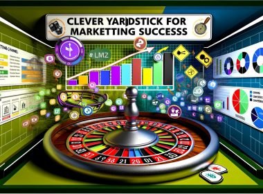 Metaphorisches Casino mit Marketingkanälen am Roulettetisch, stilisierte Customer Journey, Dashboard mit Tracking-Tools, Gegenüberstellung von wichtigen KPIs und Vanity Metrics, Ad-Tracking-Schaltzentrale, Schritt-für-Schritt-Checkliste, Daten-Säule mit tragenden Händen und Tool-Dschungel mit modernen und veralteten Analytics-Tools.