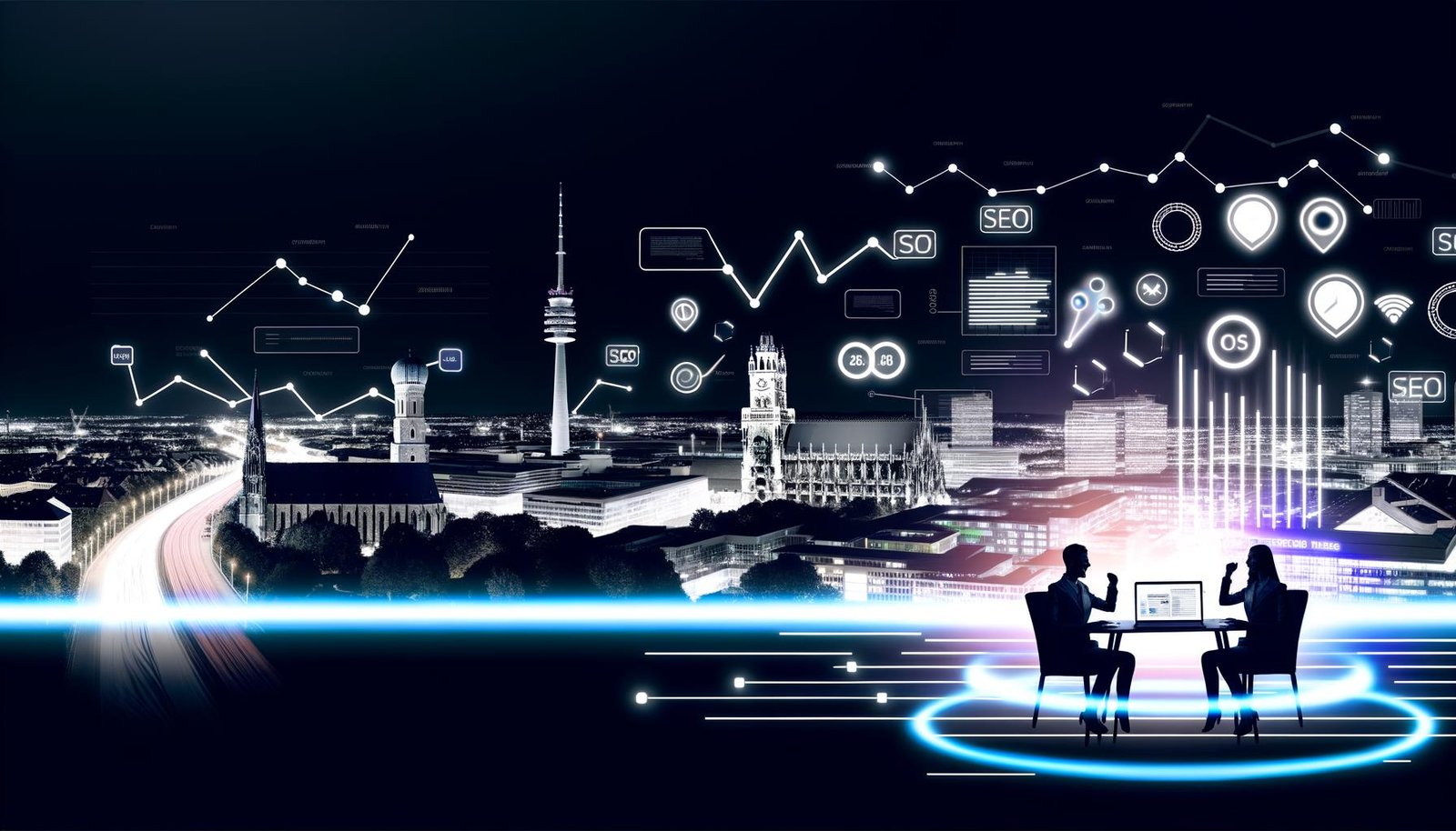 SEO-Berater*innen-Team mit digitalen Tools und Charts vor Münchens Skyline, darunter Olympiaturm und Frauenkirche, in einer modernen, technisch geprägten Szene.