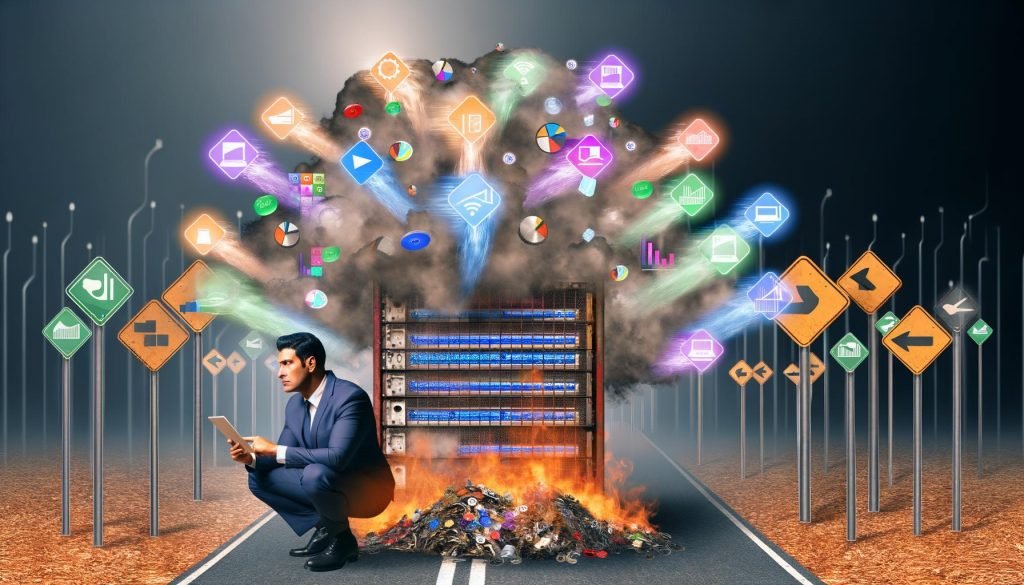 Illustration eines digitalen Marketing-Maschinenraums mit einer Person, die Datenflüsse steuert, bunten Dashboards, brennenden Excel-Listen und Verkehrszeichen für datenbasiertes Wachstum.
