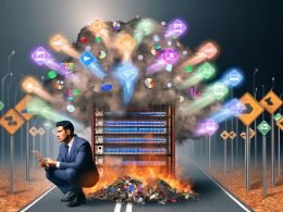 Illustration eines digitalen Marketing-Maschinenraums mit einer Person, die Datenflüsse steuert, bunten Dashboards, brennenden Excel-Listen und Verkehrszeichen für datenbasiertes Wachstum.