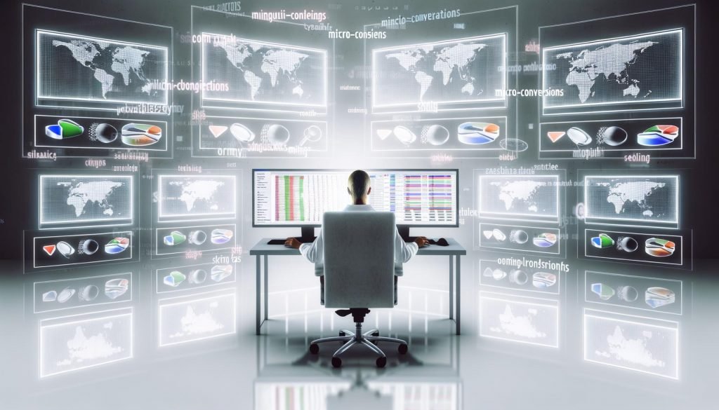 Person mittleren Alters am Schreibtisch mit mehreren Monitoren, die komplexe SEO-Analytics und Traffic-Statistiken zeigen. Umgeben von technischen Icons und KPIs, stilvoll in digitaler Matrix-Ästhetik.