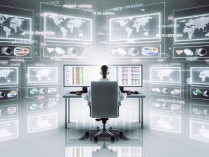 Person mittleren Alters am Schreibtisch mit mehreren Monitoren, die komplexe SEO-Analytics und Traffic-Statistiken zeigen. Umgeben von technischen Icons und KPIs, stilvoll in digitaler Matrix-Ästhetik.