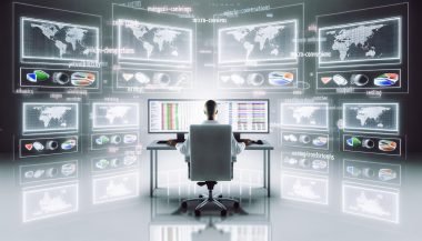 Person mittleren Alters am Schreibtisch mit mehreren Monitoren, die komplexe SEO-Analytics und Traffic-Statistiken zeigen. Umgeben von technischen Icons und KPIs, stilvoll in digitaler Matrix-Ästhetik.