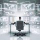 Person mittleren Alters am Schreibtisch mit mehreren Monitoren, die komplexe SEO-Analytics und Traffic-Statistiken zeigen. Umgeben von technischen Icons und KPIs, stilvoll in digitaler Matrix-Ästhetik.