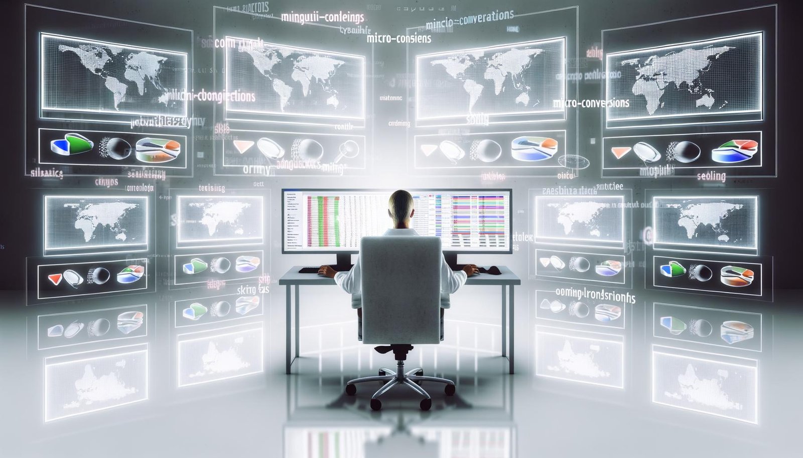 Person mittleren Alters am Schreibtisch mit mehreren Monitoren, die komplexe SEO-Analytics und Traffic-Statistiken zeigen. Umgeben von technischen Icons und KPIs, stilvoll in digitaler Matrix-Ästhetik.