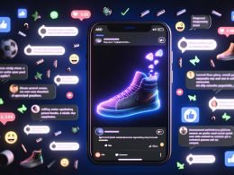 Illustration eines Reddit-Feeds im Dark Mode mit einer nativ eingebetteten AR-Sneaker-Anzeige samt Interaktionssymbolen, Analytics, Memes und Cross-Device-Darstellung.