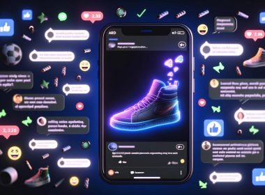 Illustration eines Reddit-Feeds im Dark Mode mit einer nativ eingebetteten AR-Sneaker-Anzeige samt Interaktionssymbolen, Analytics, Memes und Cross-Device-Darstellung.