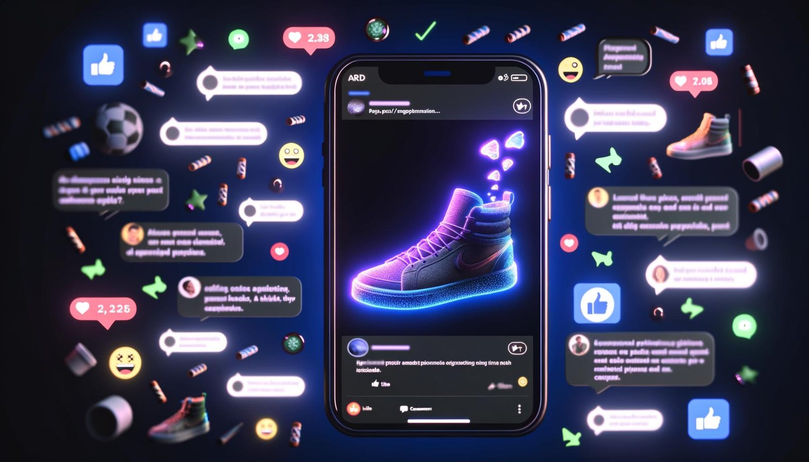 Illustration eines Reddit-Feeds im Dark Mode mit einer nativ eingebetteten AR-Sneaker-Anzeige samt Interaktionssymbolen, Analytics, Memes und Cross-Device-Darstellung.