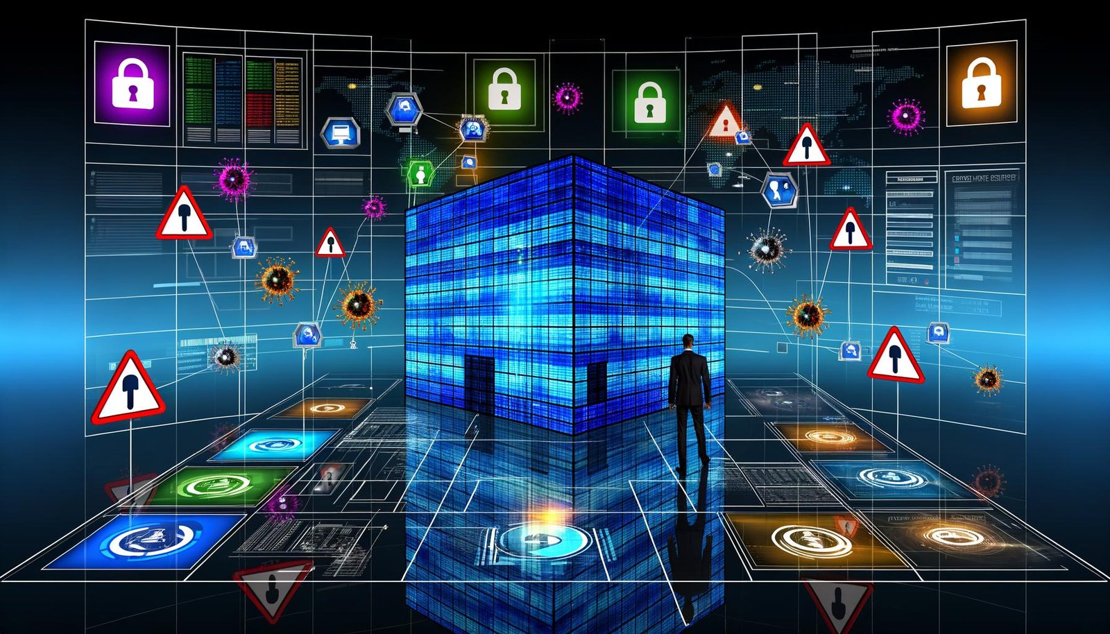 Verschiedene Cybersecurity-Szenen mit digitalen Schutzschilden um ein Firmengebäude, Bedrohungsmodell-Landkarten, technischen und organisatorischen Sicherheitsmaßnahmen, Prozessworkflows, Kontrollräumen mit Überwachungs- und Sicherheitstools sowie Teams während der Incident Response.