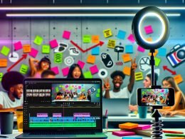 Junge Creator an einem energiegeladenen Arbeitsplatz mit TikTok-Video-Bearbeitung auf Bildschirmen, Ringlicht, CapCut und strukturierter Workflow-Tafel.