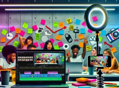 Junge Creator an einem energiegeladenen Arbeitsplatz mit TikTok-Video-Bearbeitung auf Bildschirmen, Ringlicht, CapCut und strukturierter Workflow-Tafel.