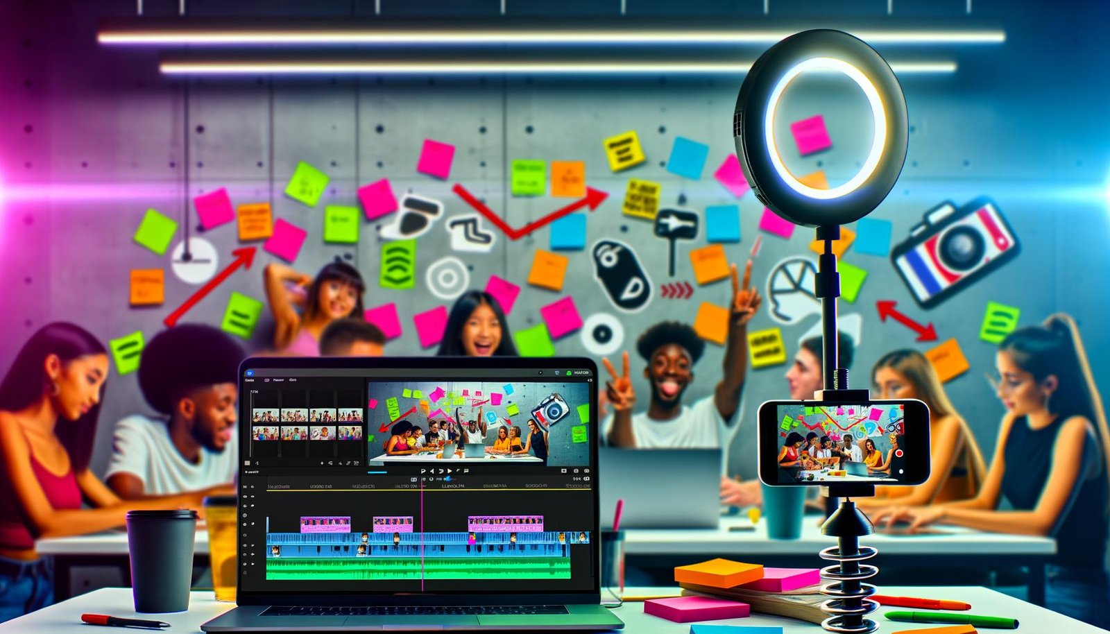 Junge Creator an einem energiegeladenen Arbeitsplatz mit TikTok-Video-Bearbeitung auf Bildschirmen, Ringlicht, CapCut und strukturierter Workflow-Tafel.