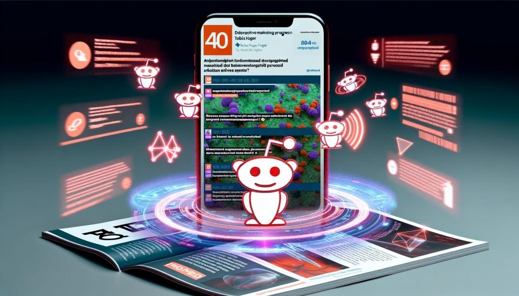 Dynamische Redaktionstitelseite mit Smartphone, auf dessen Bildschirm verschiedene Reddit-Posts und karminroten „Promoted“-Tags erscheinen; holographische Augmented Reality-Elemente und digitale Subreddit- sowie Meme-Icons im Hintergrund.