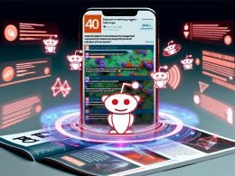 Dynamische Redaktionstitelseite mit Smartphone, auf dessen Bildschirm verschiedene Reddit-Posts und karminroten „Promoted“-Tags erscheinen; holographische Augmented Reality-Elemente und digitale Subreddit- sowie Meme-Icons im Hintergrund.