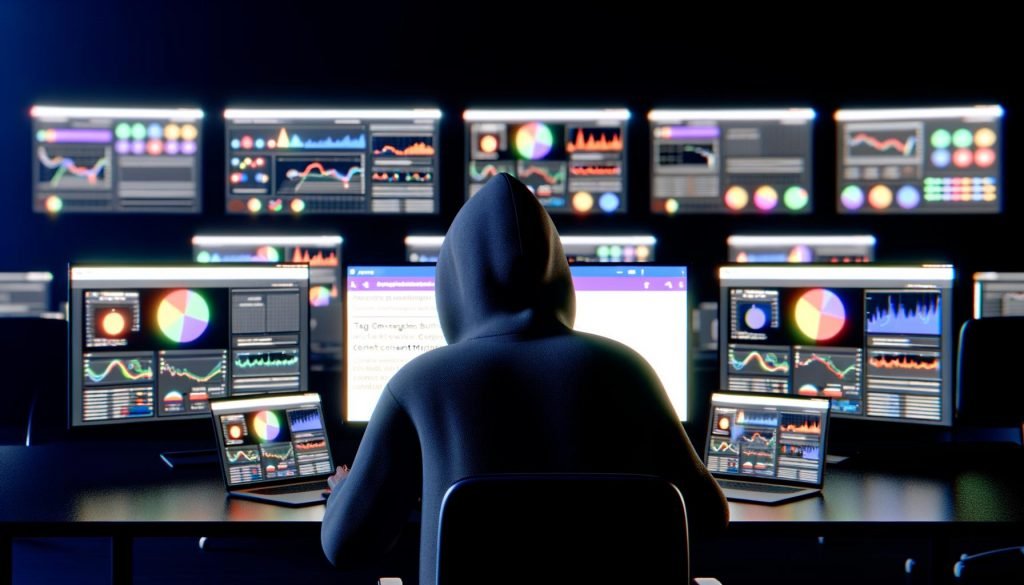 Person im Hoodie betrachtet konzentriert Daten-Dashboards und Analytics-Tabs in einem modernen, dunklen Büro mit High-Tech-Atmosphäre.