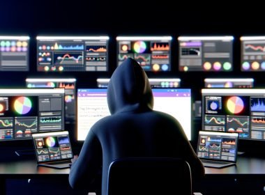 Person im Hoodie betrachtet konzentriert Daten-Dashboards und Analytics-Tabs in einem modernen, dunklen Büro mit High-Tech-Atmosphäre.