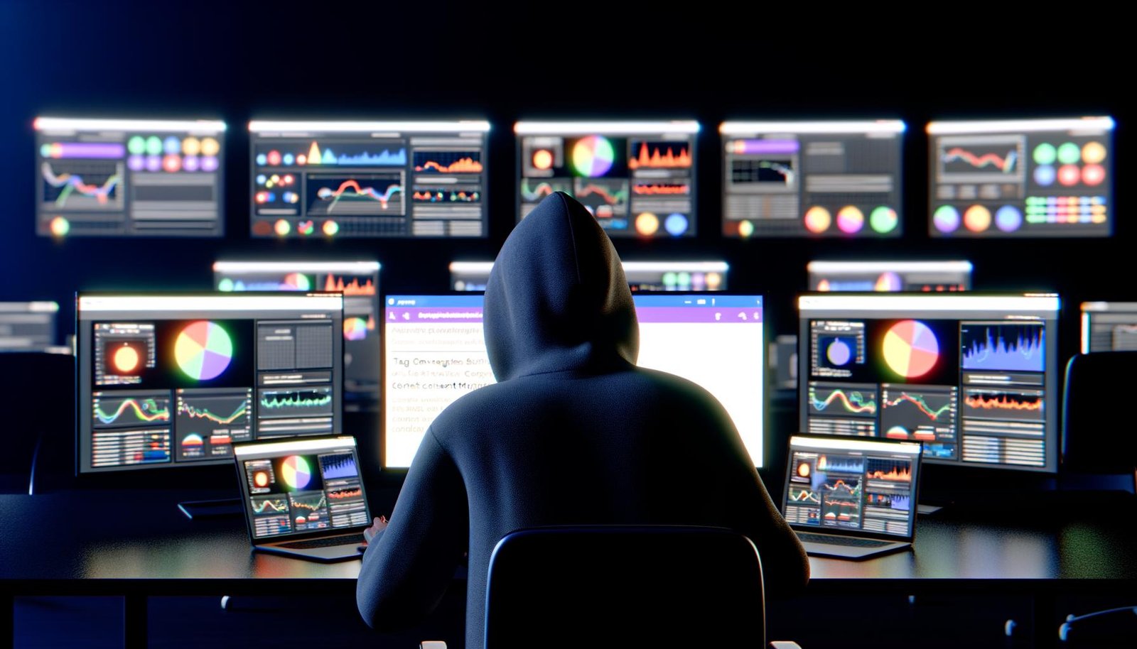 Person im Hoodie betrachtet konzentriert Daten-Dashboards und Analytics-Tabs in einem modernen, dunklen Büro mit High-Tech-Atmosphäre.