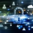 Abstrahiertes, modernes Schloss aus leuchtenden Pixeln und Datenströmen vor Hintergrund mit Cloud- und Sicherheitssymbolen zur Illustration von Datensicherheit.