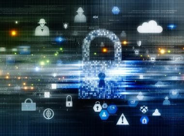 Abstrahiertes, modernes Schloss aus leuchtenden Pixeln und Datenströmen vor Hintergrund mit Cloud- und Sicherheitssymbolen zur Illustration von Datensicherheit.