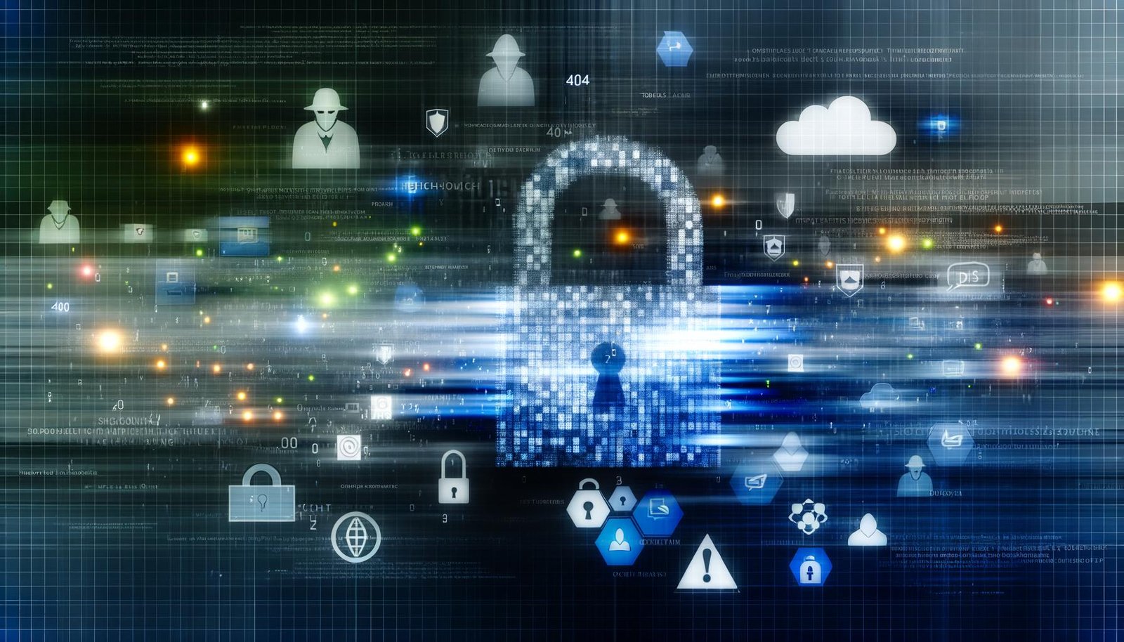 Abstrahiertes, modernes Schloss aus leuchtenden Pixeln und Datenströmen vor Hintergrund mit Cloud- und Sicherheitssymbolen zur Illustration von Datensicherheit.