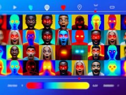Bunter TikTok-Feed mit markanten Thumbnails, starken Gesichtsausdrücken, kräftigen Farben, einfachen Hintergründen und Heatmapping-Overlays zur Analyse der Blickrichtungen.