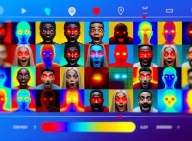 Bunter TikTok-Feed mit markanten Thumbnails, starken Gesichtsausdrücken, kräftigen Farben, einfachen Hintergründen und Heatmapping-Overlays zur Analyse der Blickrichtungen.