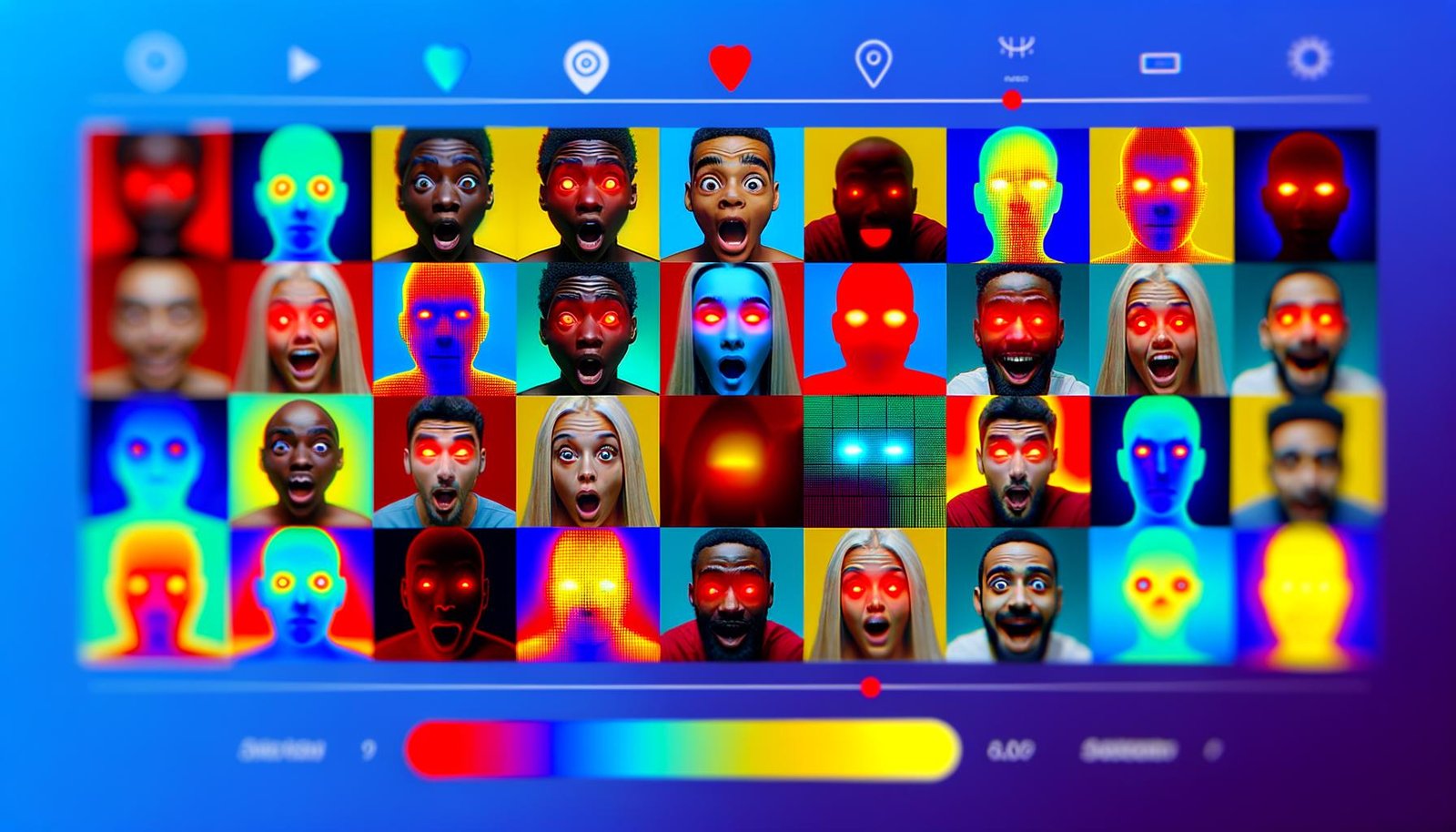 Bunter TikTok-Feed mit markanten Thumbnails, starken Gesichtsausdrücken, kräftigen Farben, einfachen Hintergründen und Heatmapping-Overlays zur Analyse der Blickrichtungen.